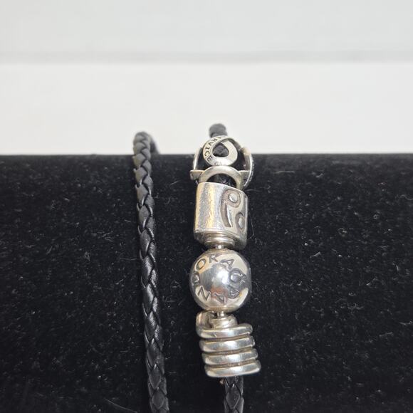 Pandora Sterling Silver Black Leather Braided Wrap Bracelet w/ 3 Charms - Picture 10 of 10